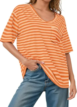 UEU Women Oversized Striped T Shirts Summer V Neck Short Sleeve Cotton Casual Loose Tops Tee Tshirts Trendy Fashion Clothes