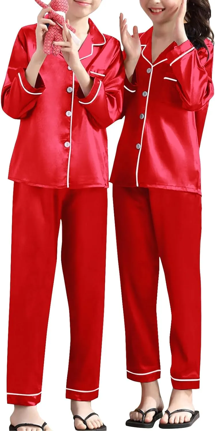 Umeyda Girls & Womens Satin Pajamas Set, 2 Pieces Silky Pjs Long Sleeve   Pants Sleepwear for Mom Kids and Boys