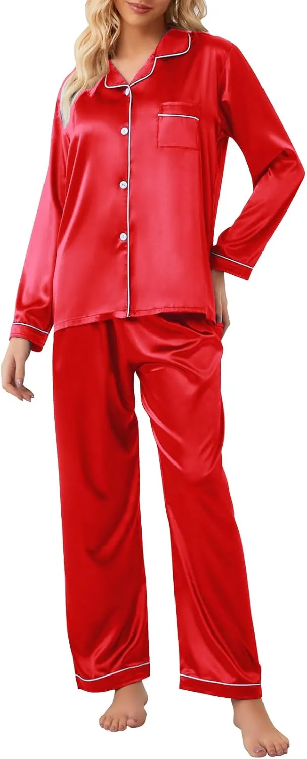 Umeyda Girls & Womens Satin Pajamas Set, 2 Pieces Silky Pjs Long Sleeve   Pants Sleepwear for Mom Kids and Boys