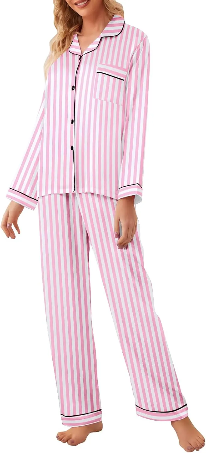 Umeyda Girls & Womens Satin Pajamas Set, 2 Pieces Silky Pjs Long Sleeve   Pants Sleepwear for Mom Kids and Boys