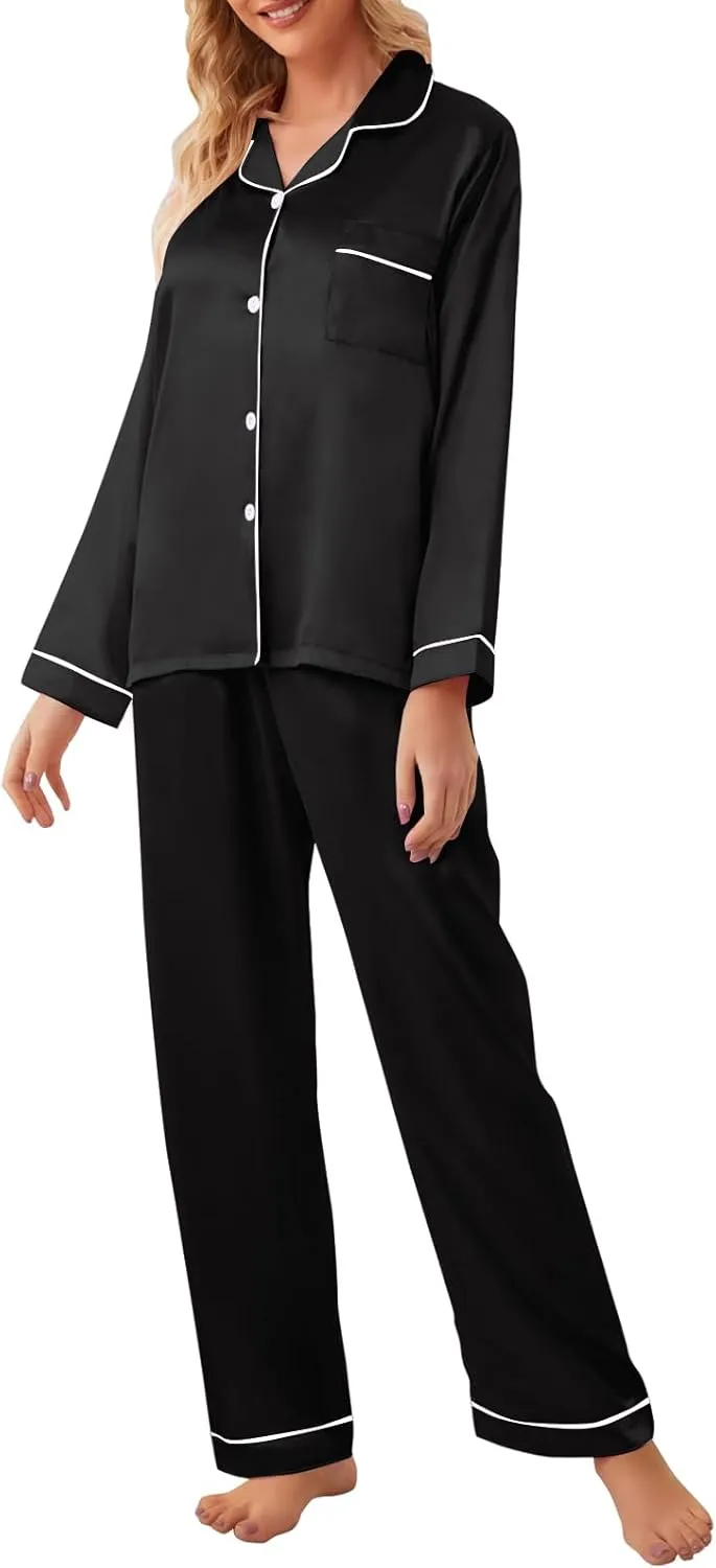 Umeyda Girls & Womens Satin Pajamas Set, 2 Pieces Silky Pjs Long Sleeve   Pants Sleepwear for Mom Kids and Boys