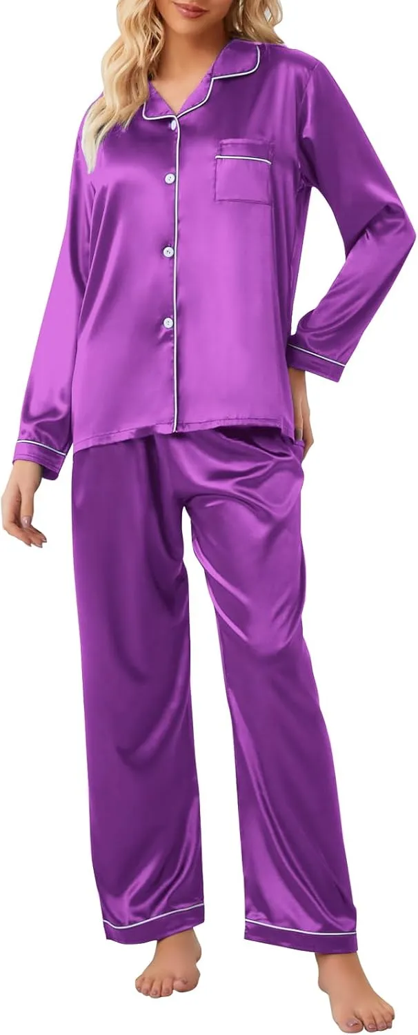 Umeyda Girls & Womens Satin Pajamas Set, 2 Pieces Silky Pjs Long Sleeve   Pants Sleepwear for Mom Kids and Boys