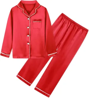 Umeyda Girls & Womens Satin Pajamas Set, 2 Pieces Silky Pjs Long Sleeve   Pants Sleepwear for Mom Kids and Boys