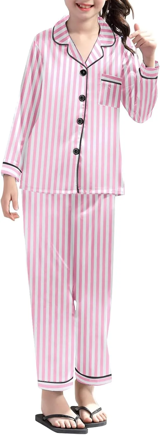 Umeyda Girls & Womens Satin Pajamas Set, 2 Pieces Silky Pjs Long Sleeve   Pants Sleepwear for Mom Kids and Boys