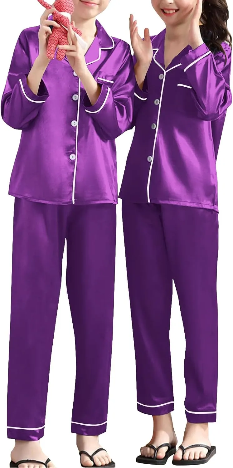 Umeyda Girls & Womens Satin Pajamas Set, 2 Pieces Silky Pjs Long Sleeve   Pants Sleepwear for Mom Kids and Boys