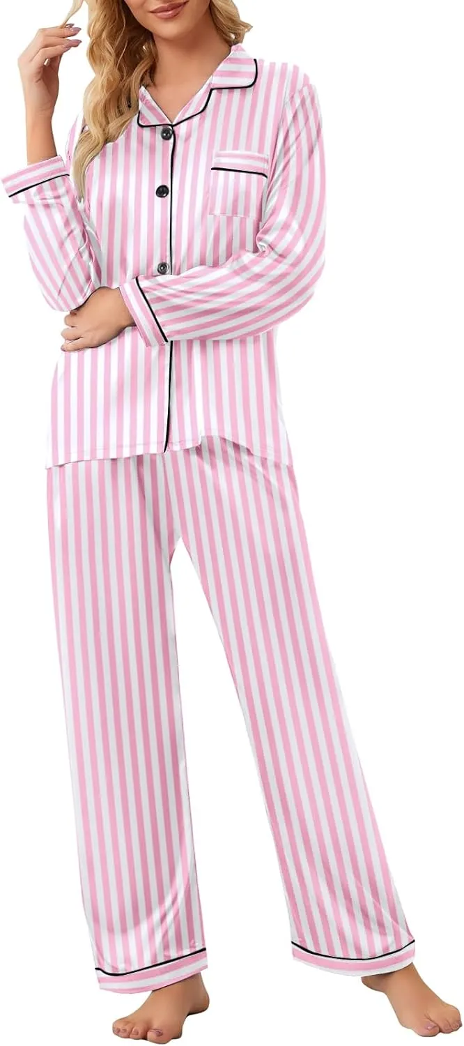 Umeyda Girls & Womens Satin Pajamas Set, 2 Pieces Silky Pjs Long Sleeve   Pants Sleepwear for Mom Kids and Boys