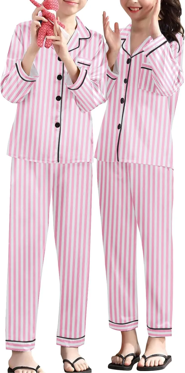 Umeyda Girls & Womens Satin Pajamas Set, 2 Pieces Silky Pjs Long Sleeve   Pants Sleepwear for Mom Kids and Boys