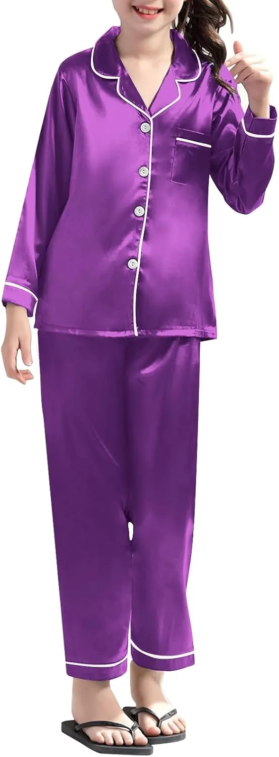 Umeyda Girls & Womens Satin Pajamas Set, 2 Pieces Silky Pjs Long Sleeve   Pants Sleepwear for Mom Kids and Boys