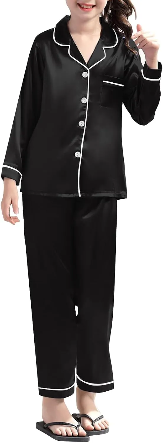 Umeyda Girls & Womens Satin Pajamas Set, 2 Pieces Silky Pjs Long Sleeve   Pants Sleepwear for Mom Kids and Boys