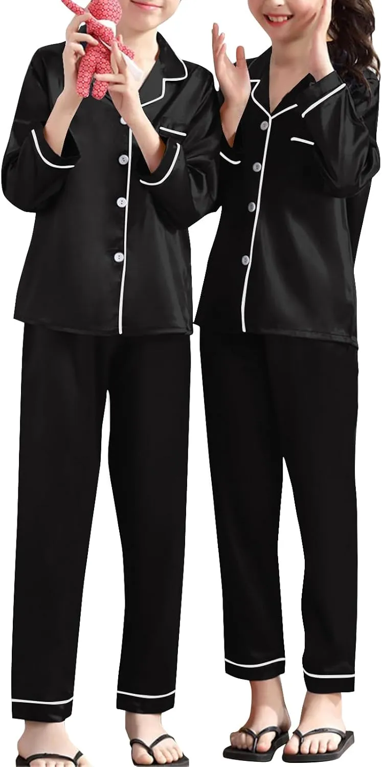Umeyda Girls & Womens Satin Pajamas Set, 2 Pieces Silky Pjs Long Sleeve   Pants Sleepwear for Mom Kids and Boys