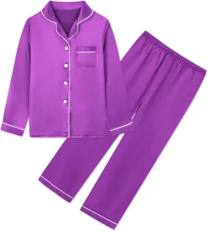 Umeyda Girls & Womens Satin Pajamas Set, 2 Pieces Silky Pjs Long Sleeve   Pants Sleepwear for Mom Kids and Boys