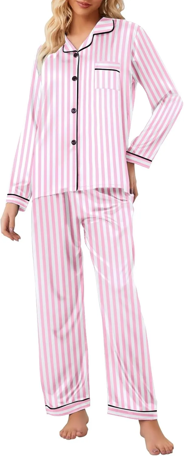 Umeyda Girls & Womens Satin Pajamas Set, 2 Pieces Silky Pjs Long Sleeve   Pants Sleepwear for Mom Kids and Boys