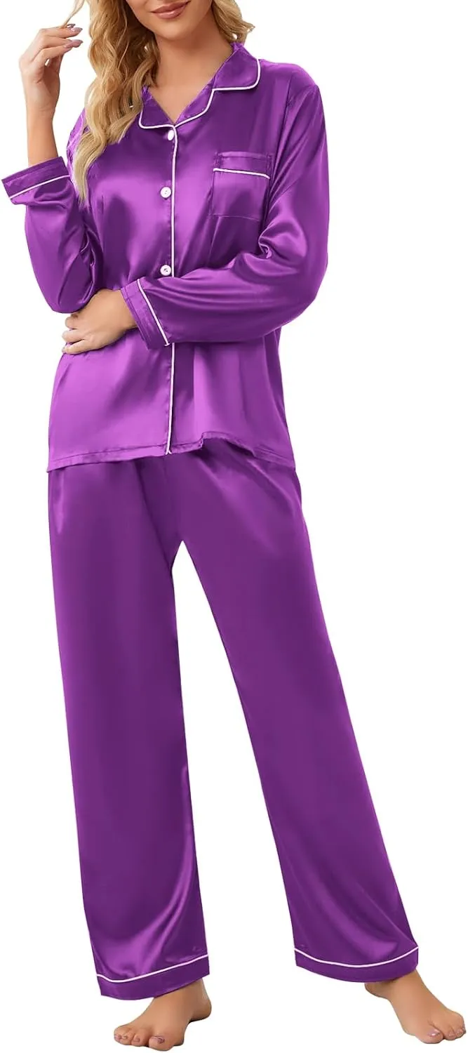 Umeyda Girls & Womens Satin Pajamas Set, 2 Pieces Silky Pjs Long Sleeve   Pants Sleepwear for Mom Kids and Boys
