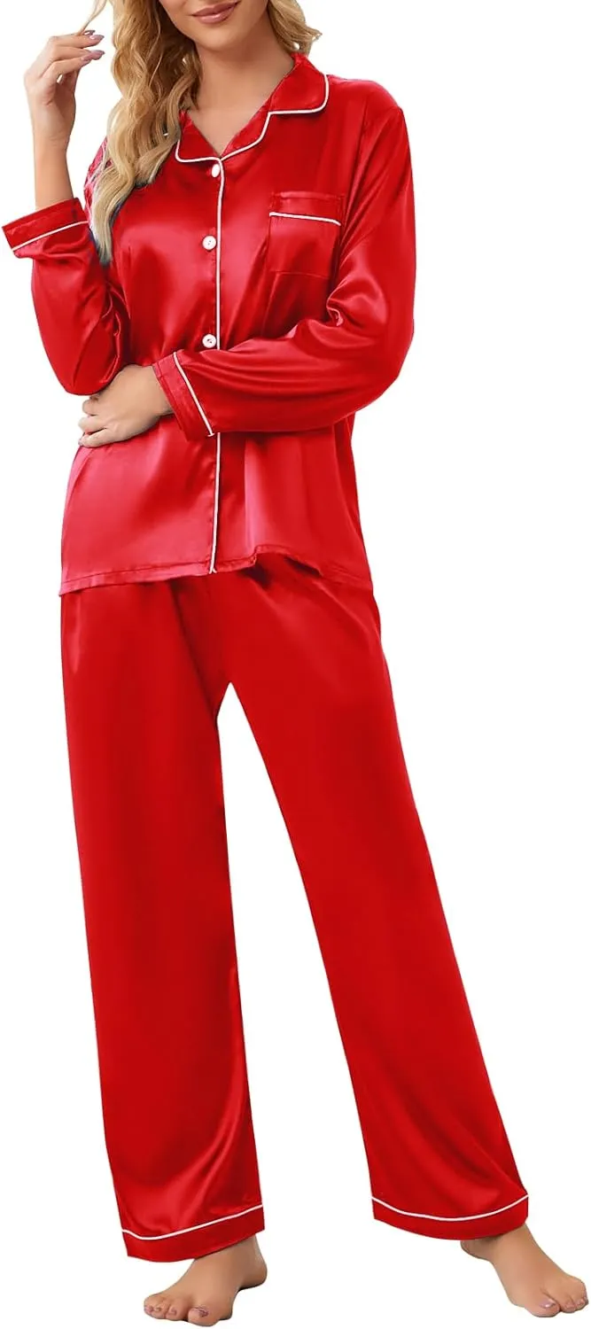 Umeyda Girls & Womens Satin Pajamas Set, 2 Pieces Silky Pjs Long Sleeve   Pants Sleepwear for Mom Kids and Boys