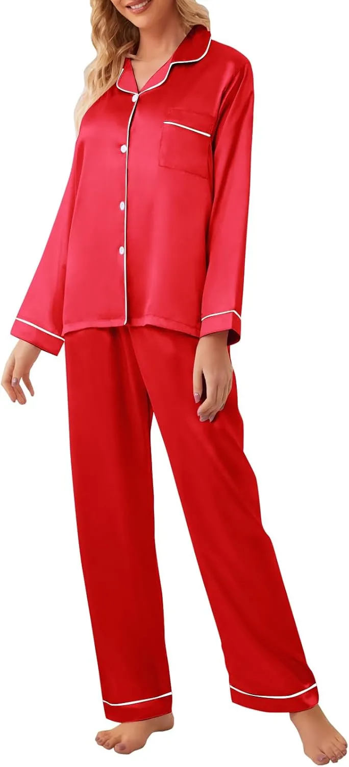 Umeyda Girls & Womens Satin Pajamas Set, 2 Pieces Silky Pjs Long Sleeve   Pants Sleepwear for Mom Kids and Boys