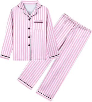 Umeyda Girls & Womens Satin Pajamas Set, 2 Pieces Silky Pjs Long Sleeve   Pants Sleepwear for Mom Kids and Boys