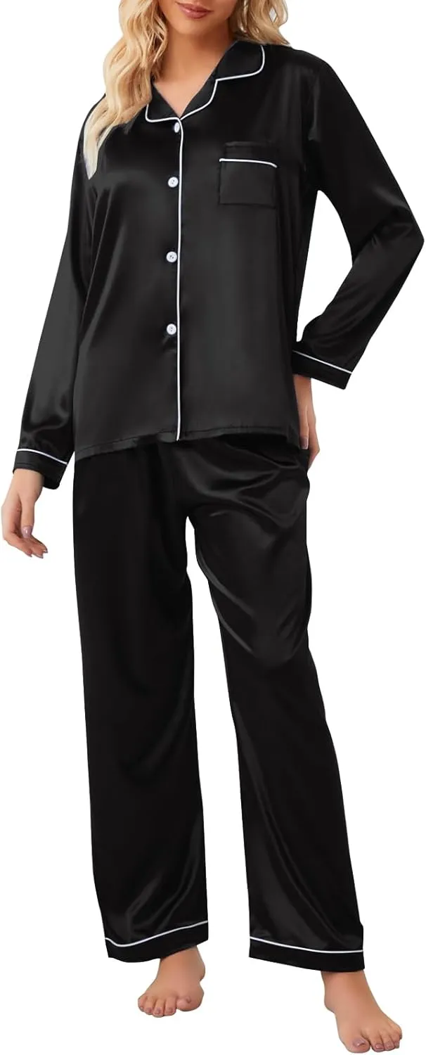 Umeyda Girls & Womens Satin Pajamas Set, 2 Pieces Silky Pjs Long Sleeve   Pants Sleepwear for Mom Kids and Boys