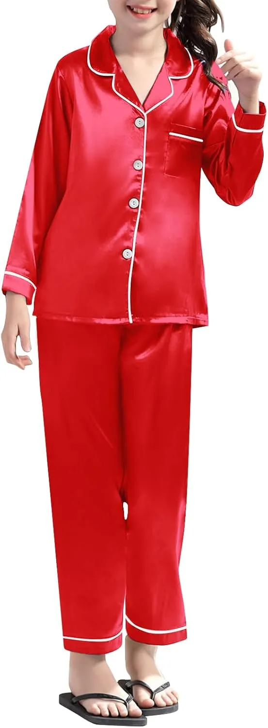Umeyda Girls & Womens Satin Pajamas Set, 2 Pieces Silky Pjs Long Sleeve   Pants Sleepwear for Mom Kids and Boys