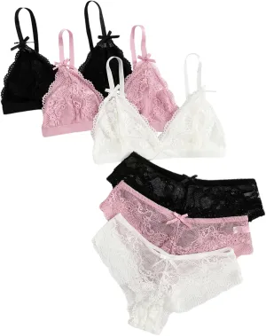 Verdusa Women's 3 Sets Floral Scalloped Lace Bow Bra and Panty Lingerie Sets