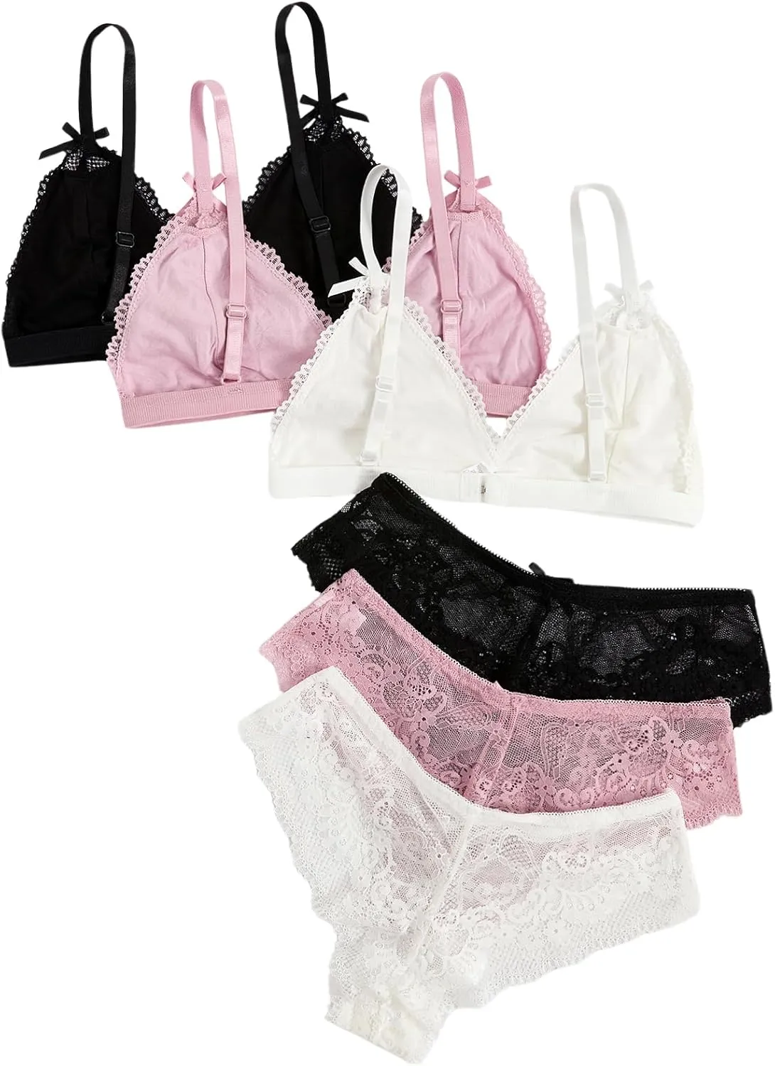 Verdusa Women's 3 Sets Floral Scalloped Lace Bow Bra and Panty Lingerie Sets