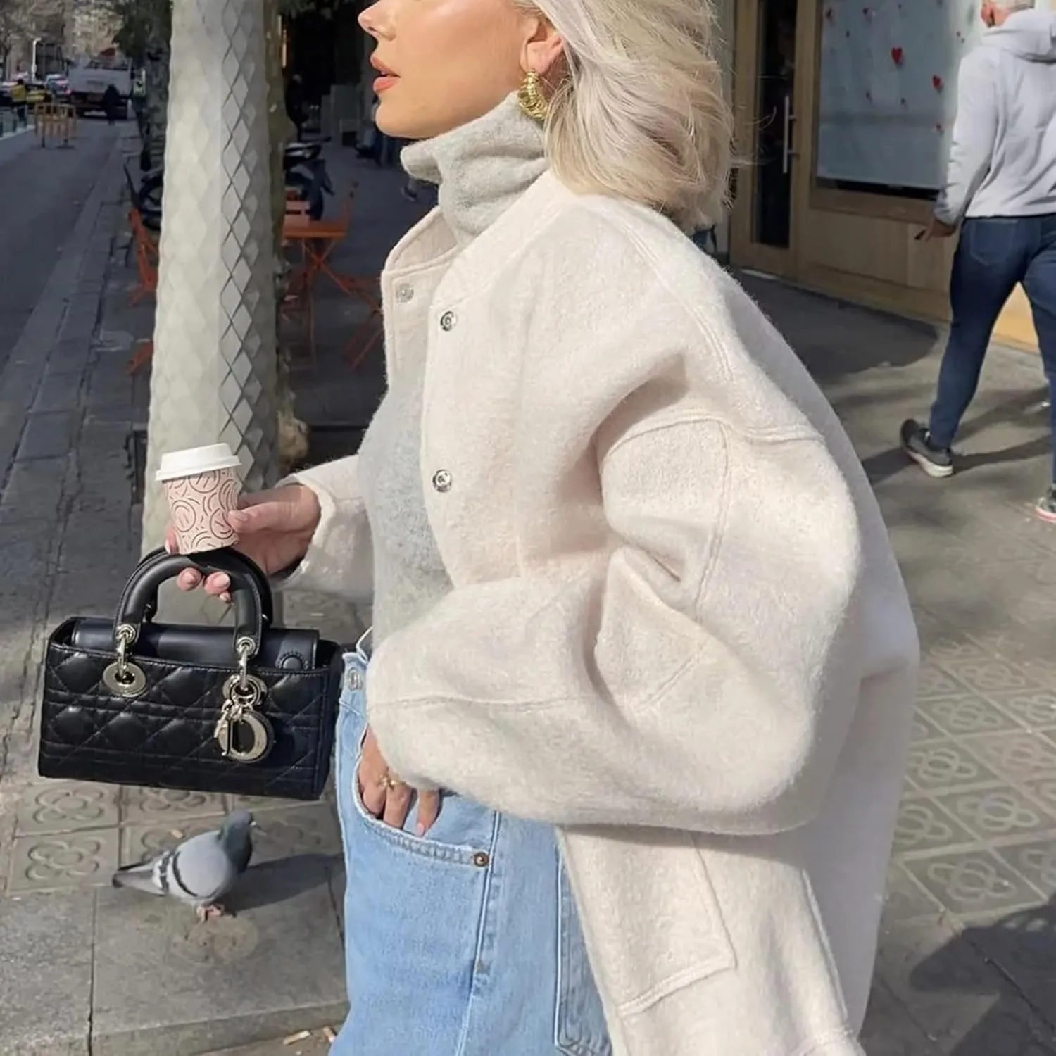 Wanzetaly Womens Oversized Wool Blend Jackets Casual Button Down Stand Collar Long Sleeve Bomber Jackets