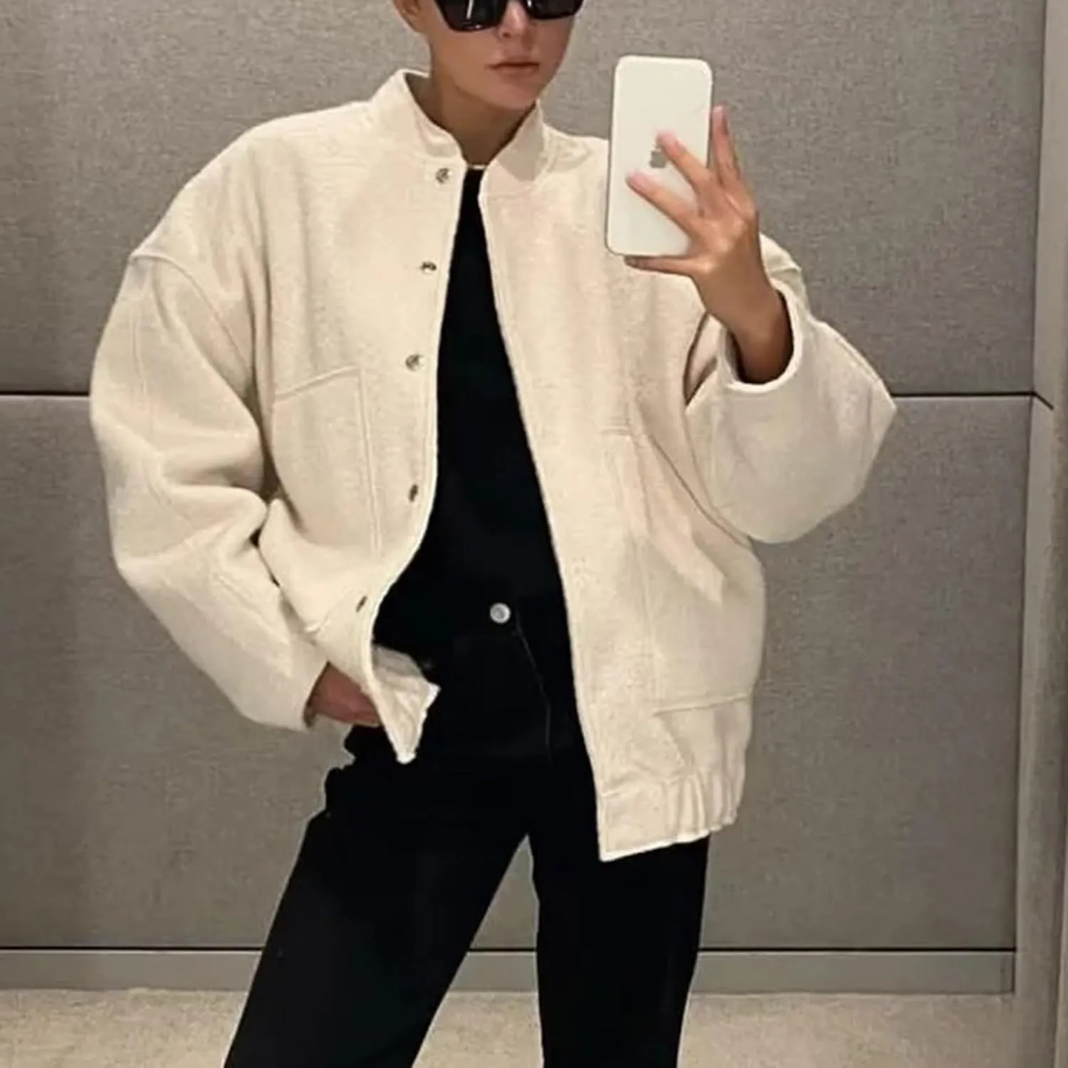 Wanzetaly Womens Oversized Wool Blend Jackets Casual Button Down Stand Collar Long Sleeve Bomber Jackets