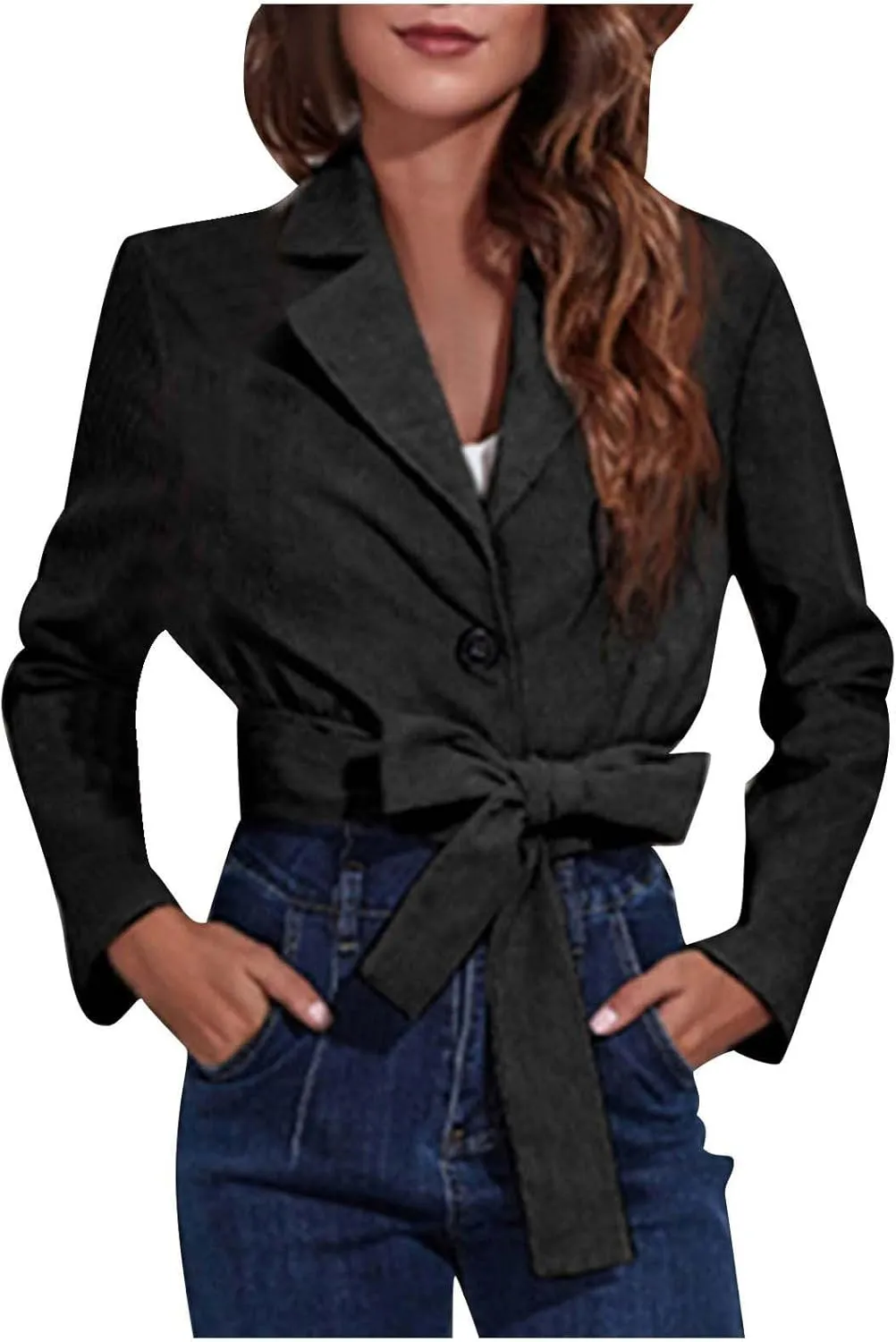 Women All-Match Cropped Blazers Elegant Long Sleeve Notched Lapel Tie Waist Open Front Button Up Corduroy Suit Jacket