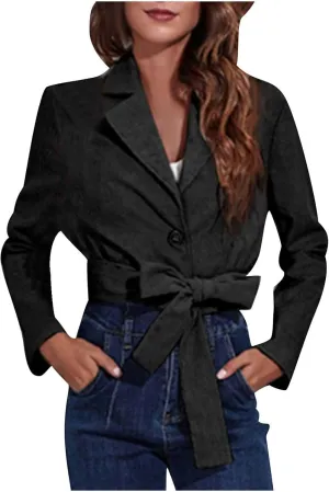 Women All-Match Cropped Blazers Elegant Long Sleeve Notched Lapel Tie Waist Open Front Button Up Corduroy Suit Jacket