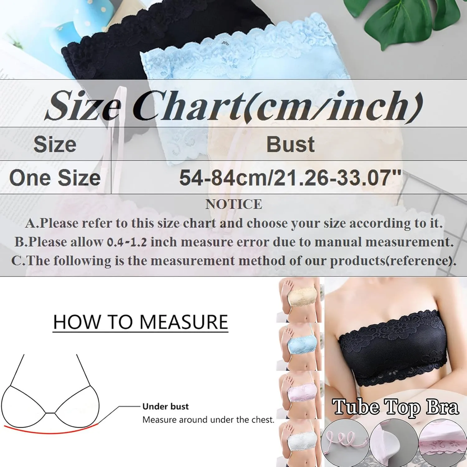 Women Bandeau Crop Tube Top Floral Lace Strapless Full-Coverage Wireless Bra Padded Tank