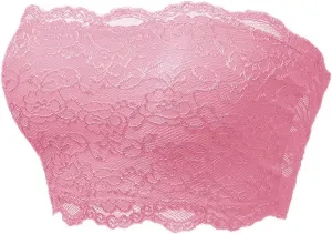 Women Bandeau Crop Tube Top Floral Lace Strapless Full-Coverage Wireless Bra Padded Tank