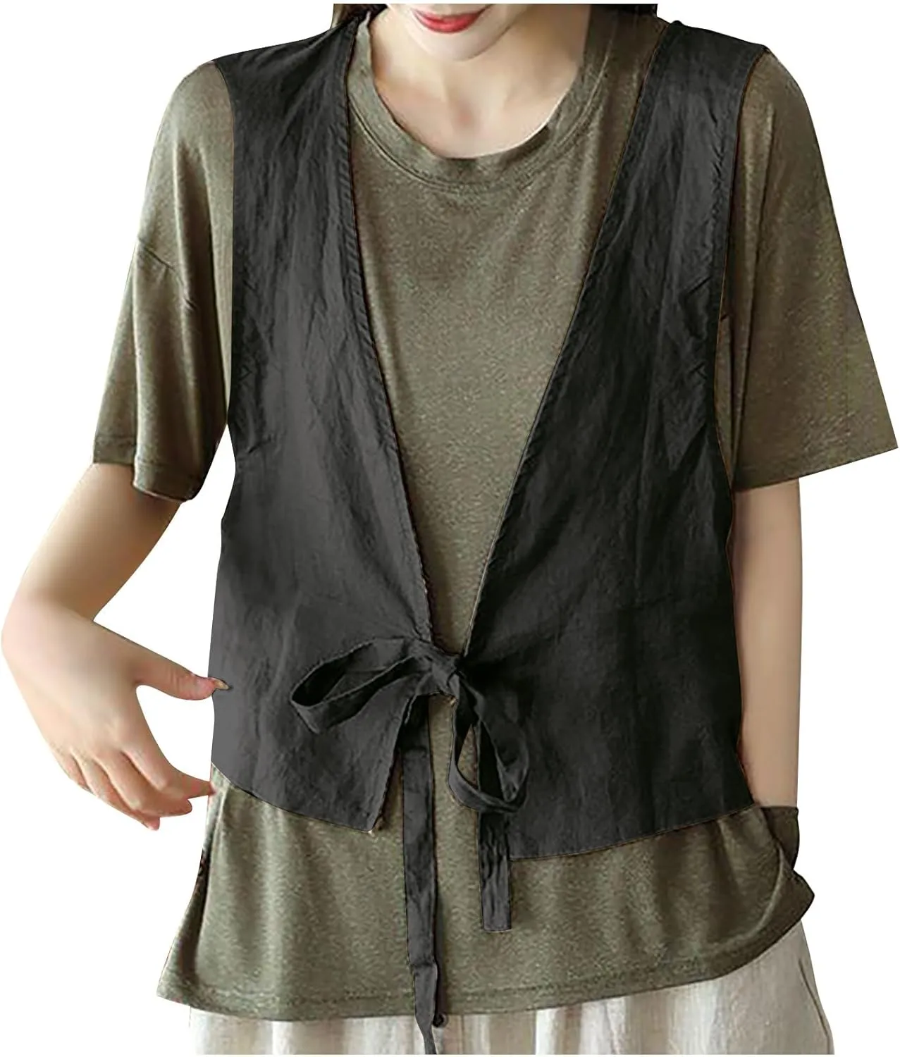Women Cotton Linen Tank Tops Tie Front Summer Tanks Casual Sleeveless V Neck Jacket Loose Lightweight Waistcoat