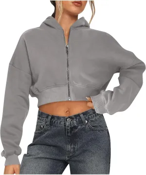Women Cropped Hoodie Sweatshirt Full Zip up Long Sleeve Hoodies Casual Jacket Fall Fashion Y2k Clothes Teen Girl Tops