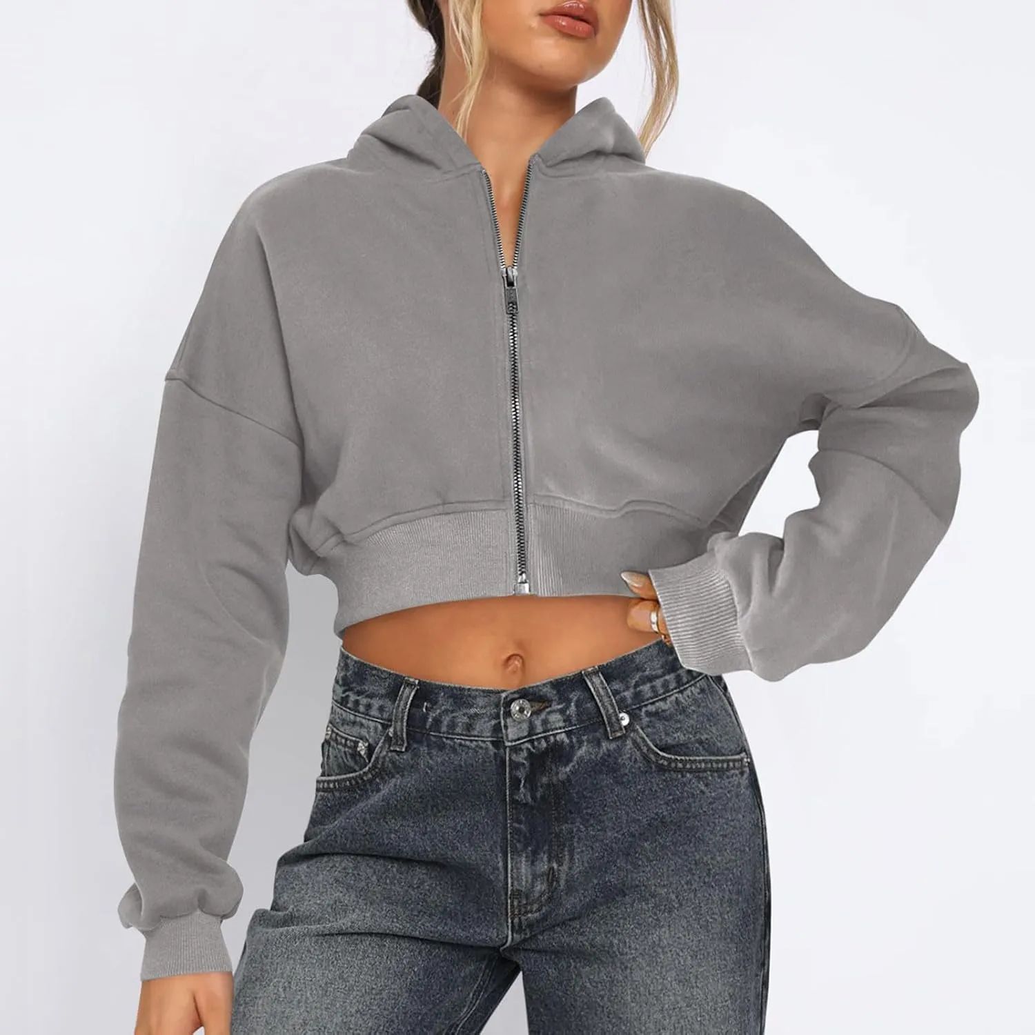 Women Cropped Hoodie Sweatshirt Full Zip up Long Sleeve Hoodies Casual Jacket Fall Fashion Y2k Clothes Teen Girl Tops