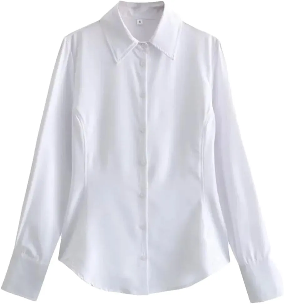 Women Elegant Office Shirts Slim Tunic Blouse Long Sleeve Buttons Basics Tops