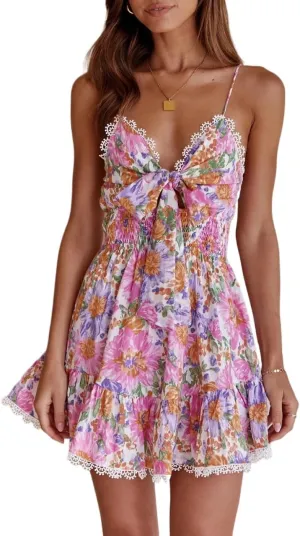 Women Floral Mini Dress Y2K Coquette Summer Sundress Cute Boho Flowy Spaghetti Strap Babydoll Short Dress Cottagecore