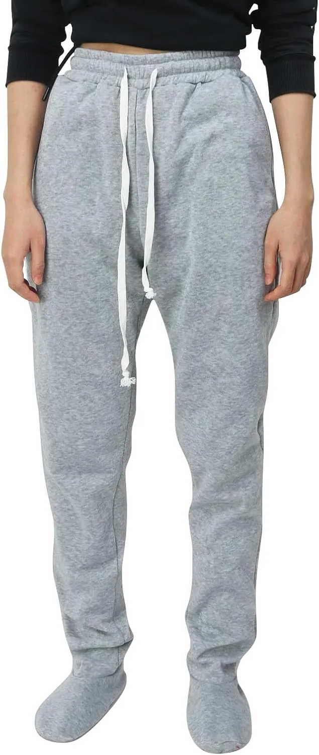 Women Footed Sweatpants Sherpa Fleece Lined Drawstring Pants Winter Soft Warm Nightwear Loungewear Solid Footed Loose Pajamas