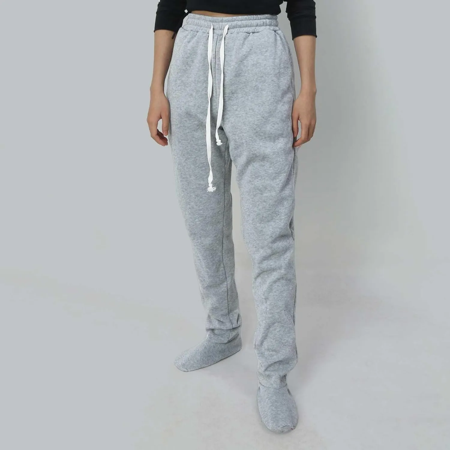 Women Footed Sweatpants Sherpa Fleece Lined Drawstring Pants Winter Soft Warm Nightwear Loungewear Solid Footed Loose Pajamas