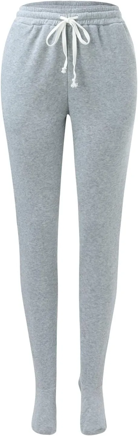 Women Footed Sweatpants Sherpa Fleece Lined Drawstring Pants Winter Soft Warm Nightwear Loungewear Solid Footed Loose Pajamas
