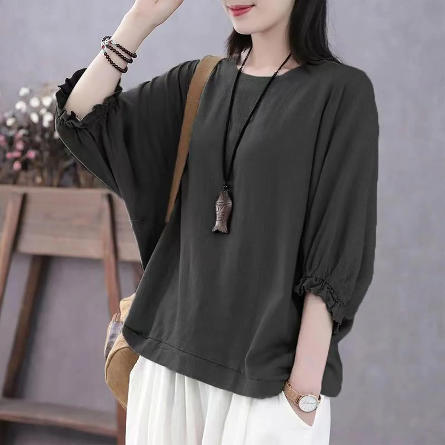 Women Frill 3/4 Batwing Sleeve T-Shirts Summer Cotton Linen Casual Loose Fit Blouse Fashion Crewneck Solid Vacation Tee Tops