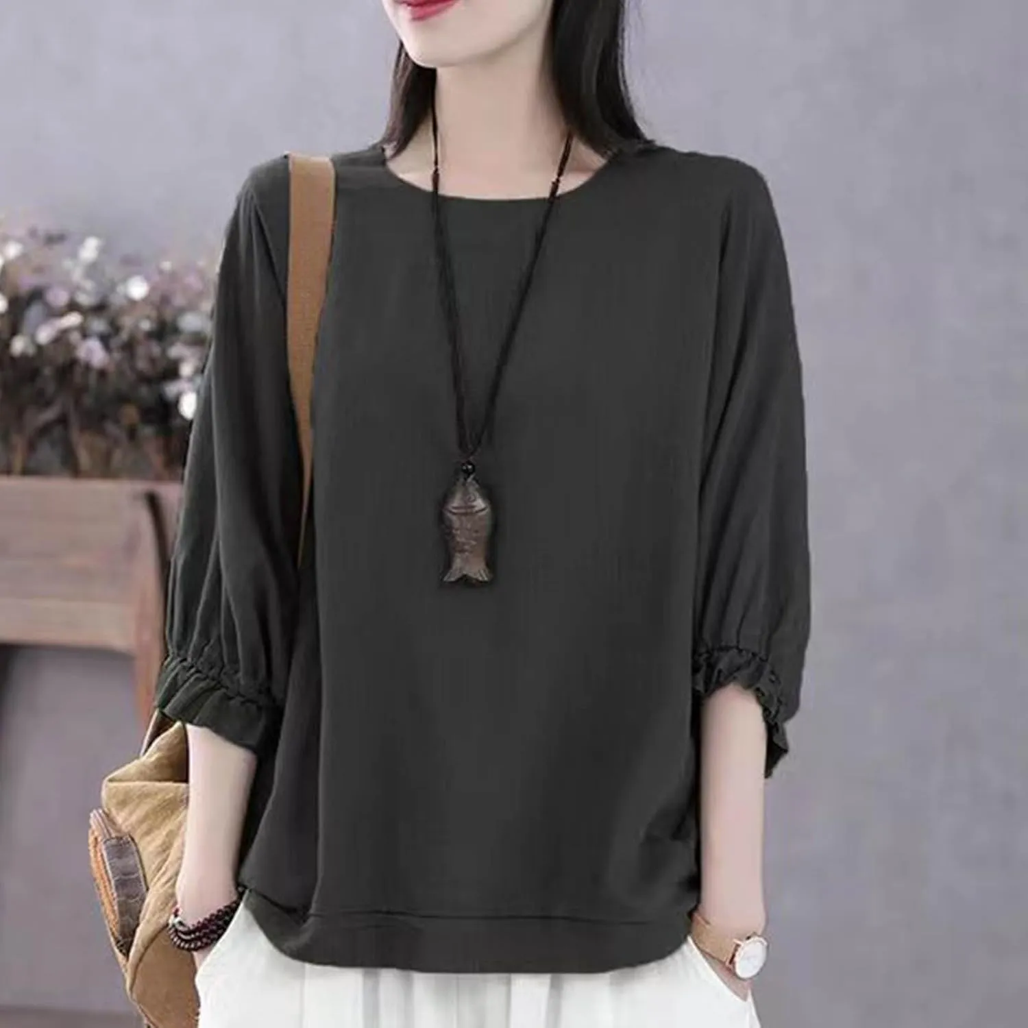 Women Frill 3/4 Batwing Sleeve T-Shirts Summer Cotton Linen Casual Loose Fit Blouse Fashion Crewneck Solid Vacation Tee Tops