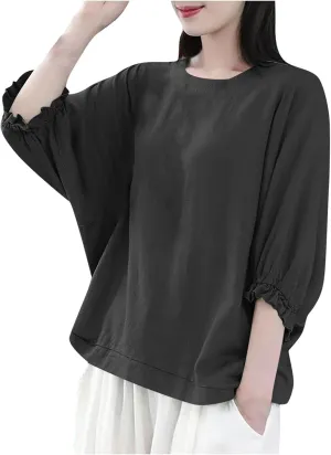 Women Frill 3/4 Batwing Sleeve T-Shirts Summer Cotton Linen Casual Loose Fit Blouse Fashion Crewneck Solid Vacation Tee Tops