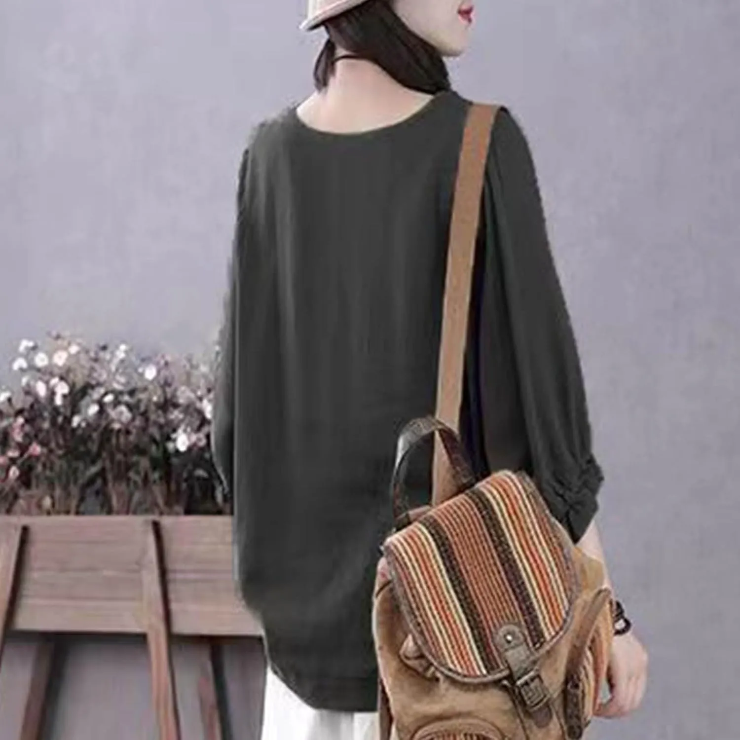 Women Frill 3/4 Batwing Sleeve T-Shirts Summer Cotton Linen Casual Loose Fit Blouse Fashion Crewneck Solid Vacation Tee Tops