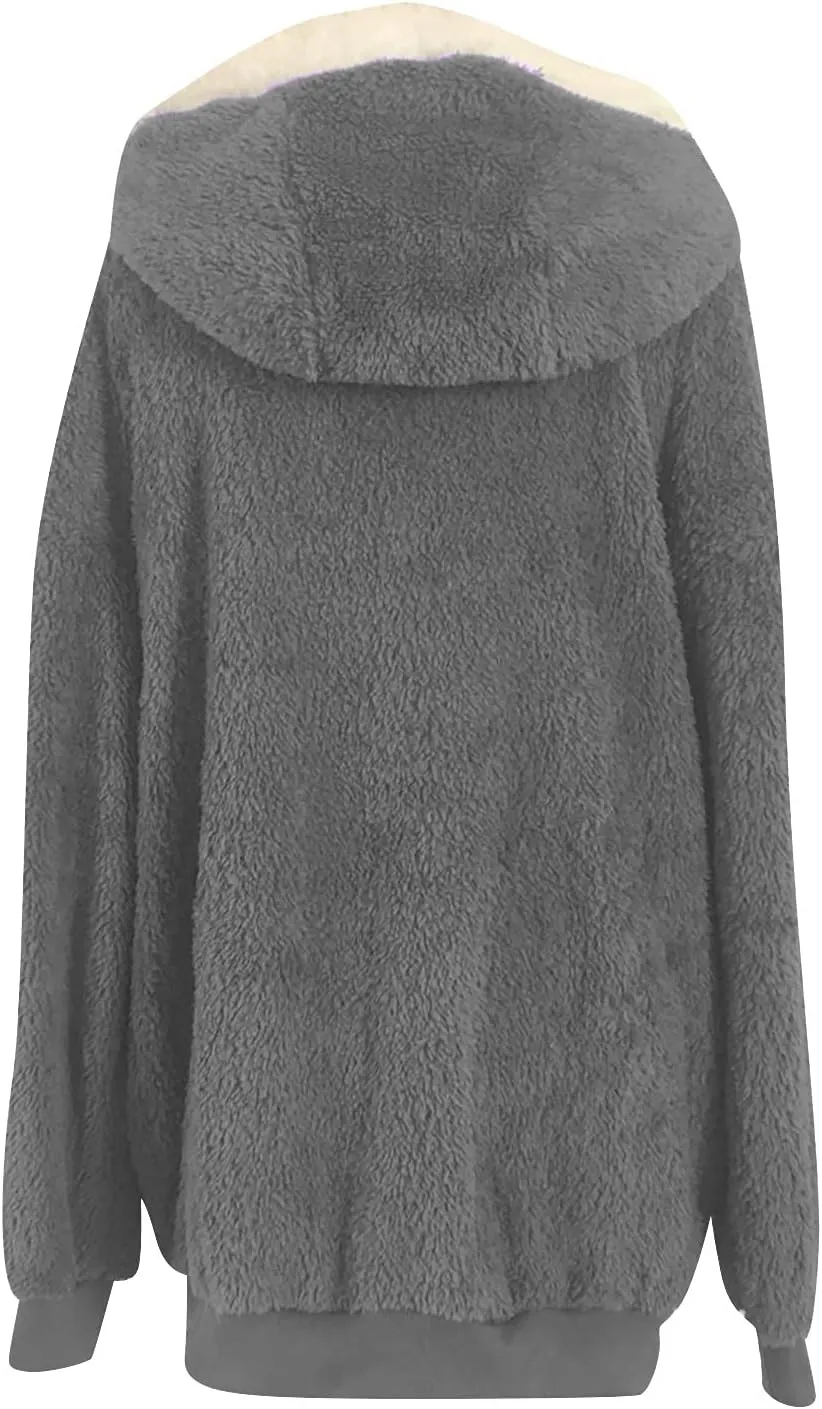 Women Furry Hooded Jacket Winter Warm Coats Plus Size Zip Up Hoodie Plush Fuzzy Jackets Casual Outerwear