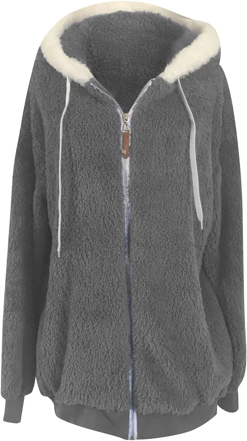 Women Furry Hooded Jacket Winter Warm Coats Plus Size Zip Up Hoodie Plush Fuzzy Jackets Casual Outerwear