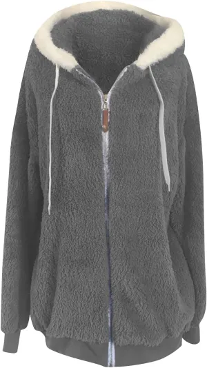 Women Furry Hooded Jacket Winter Warm Coats Plus Size Zip Up Hoodie Plush Fuzzy Jackets Casual Outerwear