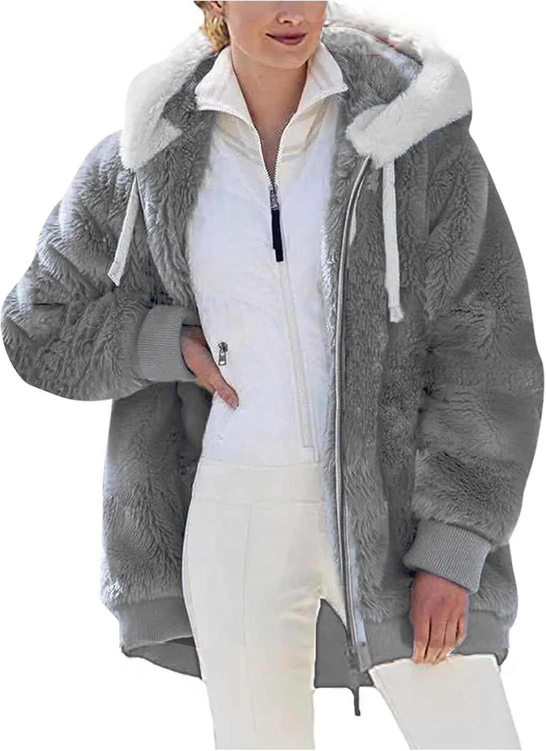 Women Furry Hooded Jacket Winter Warm Coats Plus Size Zip Up Hoodie Plush Fuzzy Jackets Casual Outerwear