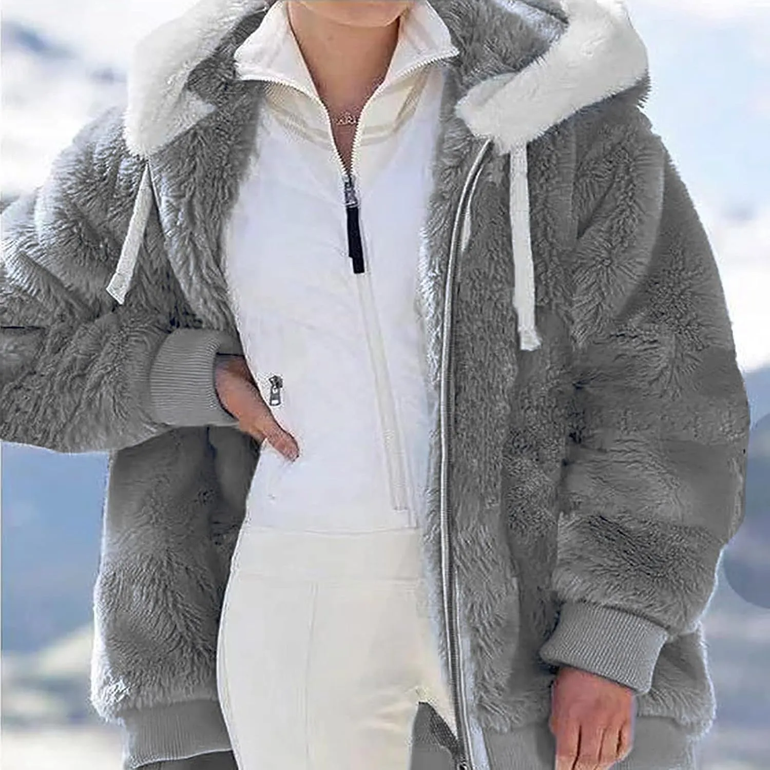 Women Furry Hooded Jacket Winter Warm Coats Plus Size Zip Up Hoodie Plush Fuzzy Jackets Casual Outerwear