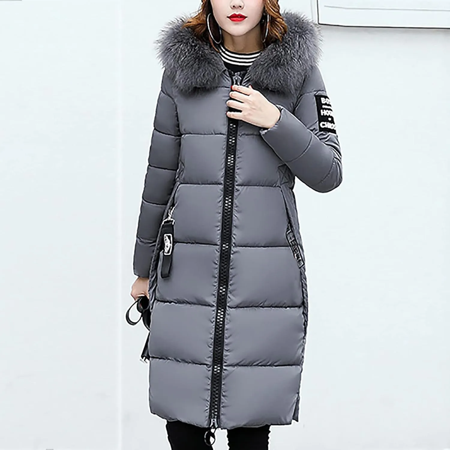 Women Furry Hooded Puffer Jacket Quilted Down Jackets Zip Up Faux Fur Hoodie Coats Long Winter Thick Overcoat