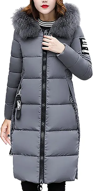 Women Furry Hooded Puffer Jacket Quilted Down Jackets Zip Up Faux Fur Hoodie Coats Long Winter Thick Overcoat