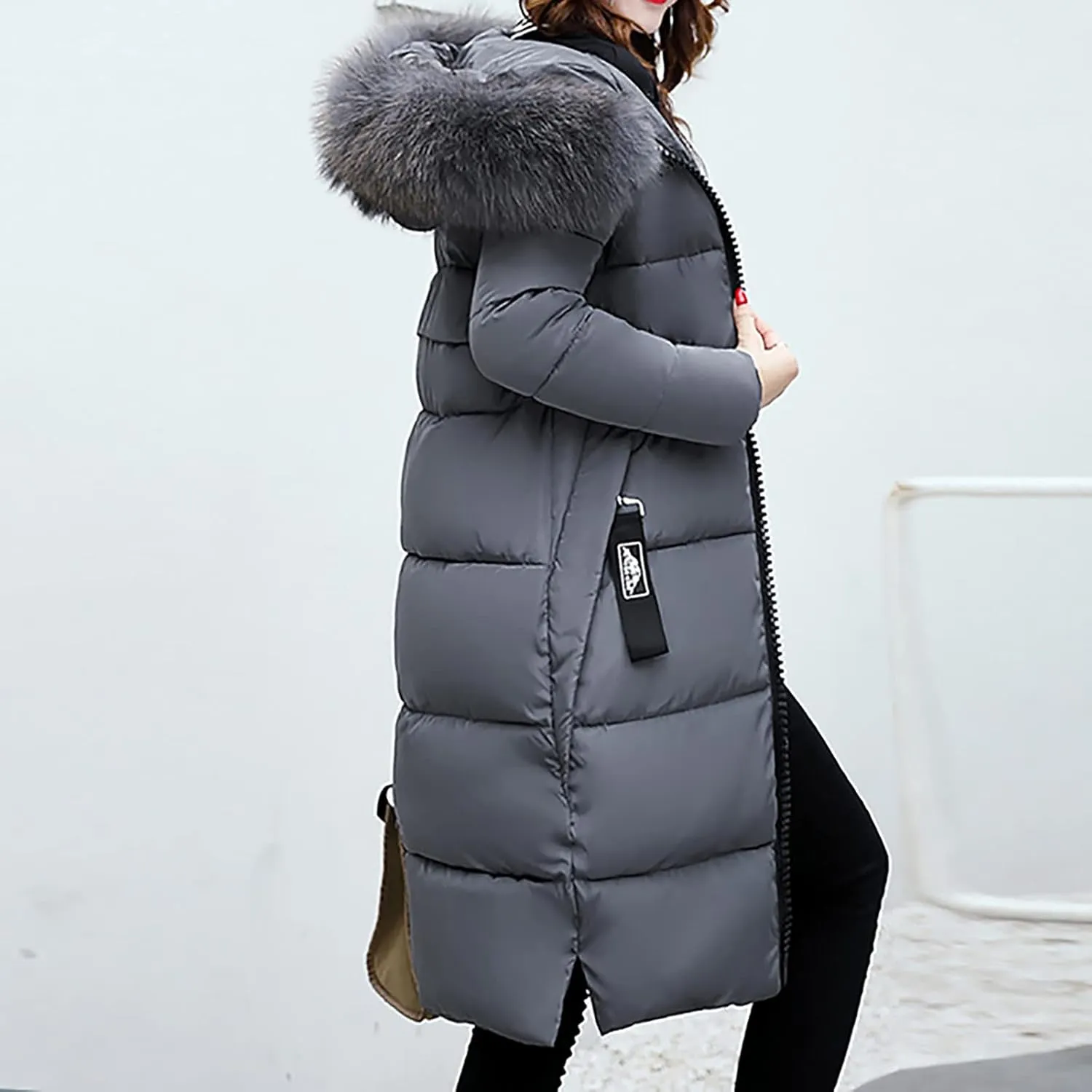 Women Furry Hooded Puffer Jacket Quilted Down Jackets Zip Up Faux Fur Hoodie Coats Long Winter Thick Overcoat